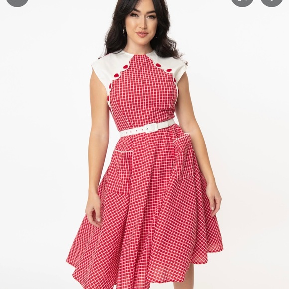 Unique Vintage Dresses & Skirts - Retro style red and white gingham dress.